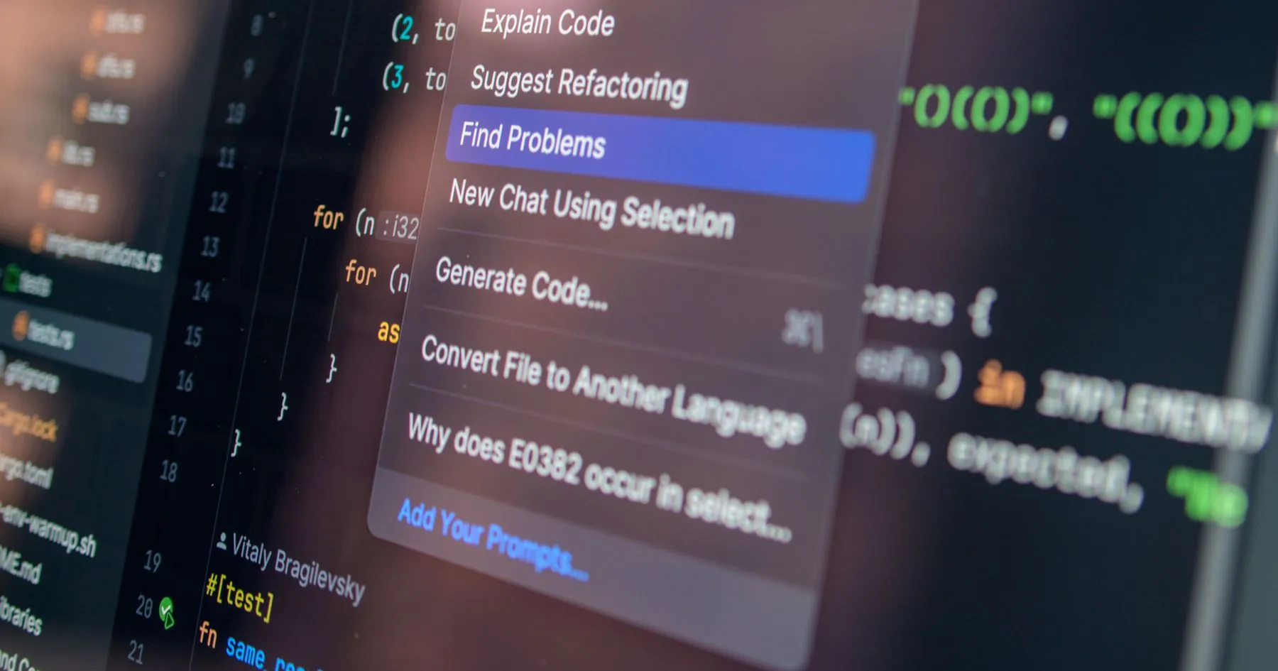 AI assistant menu open over source code