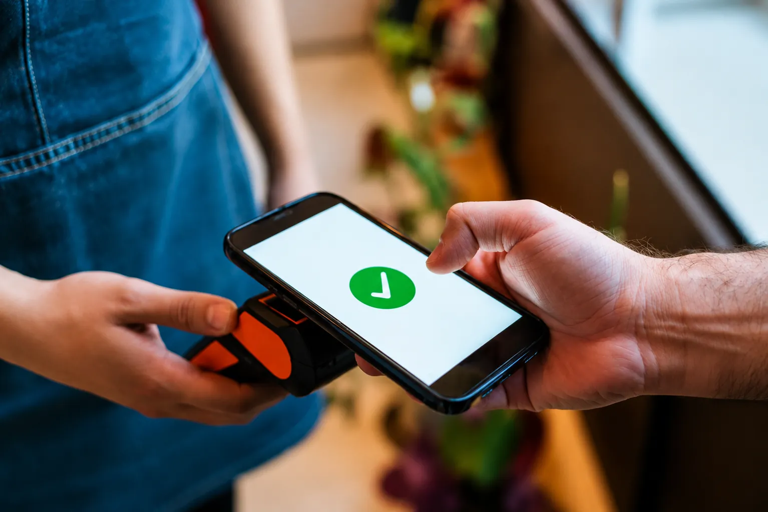 Customer paying by phone at a card terminal