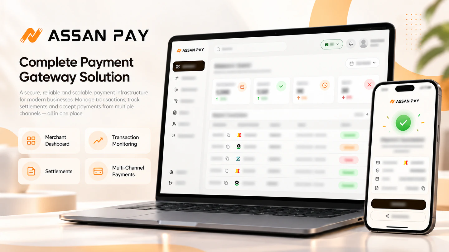 Illustrative AssanPay payment platform collage with blurred merchant dashboard and payment receipt details (illustrative concept UI)