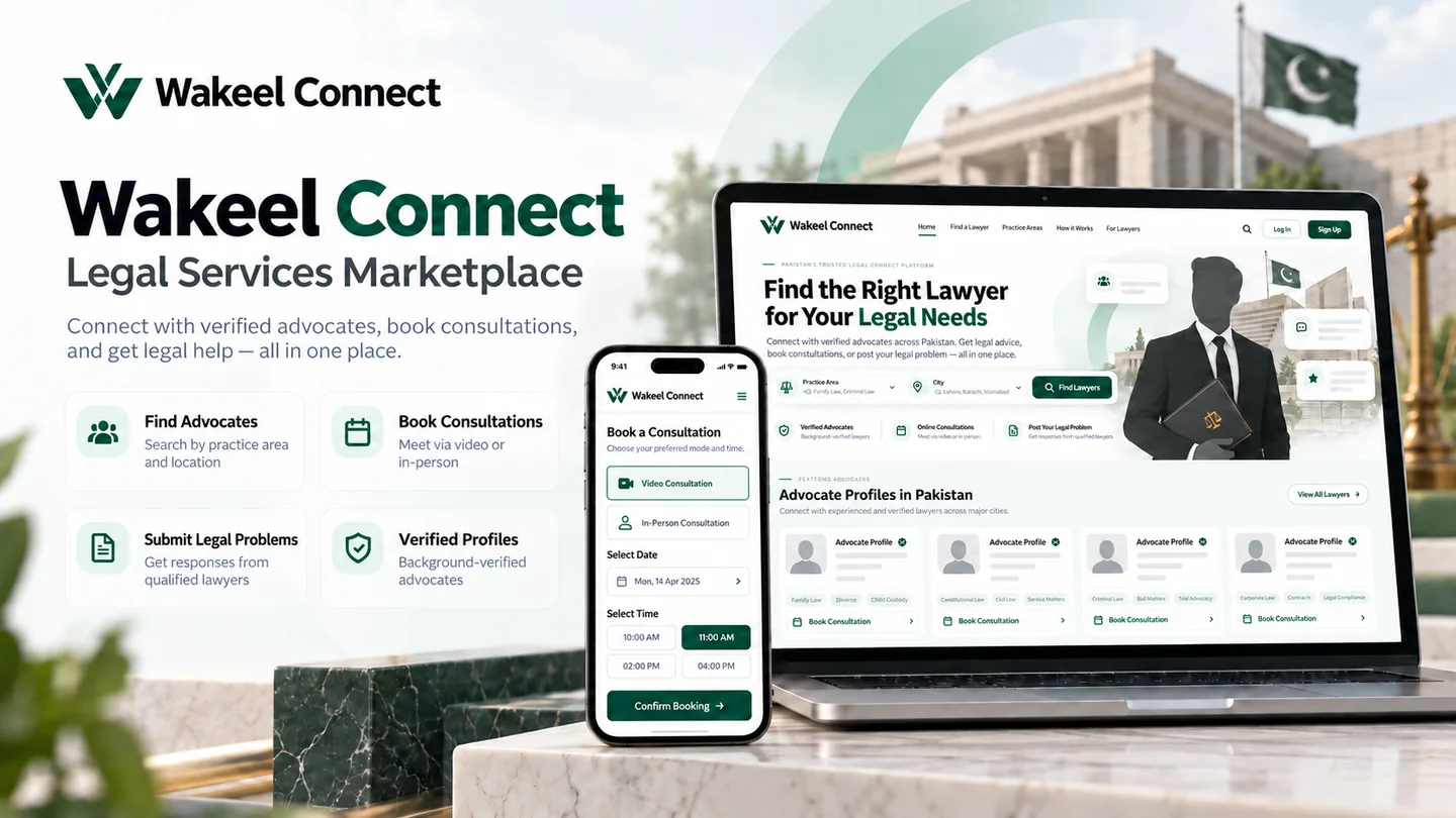 Illustrative Wakeel Connect legal marketplace collage showing anonymized advocate discovery and consultation-booking concepts (illustrative concept UI)