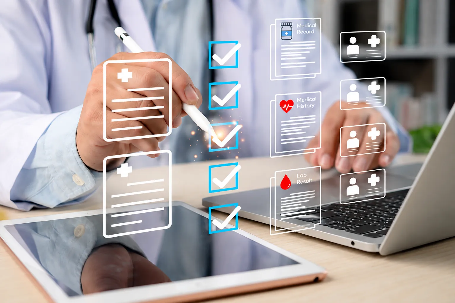 Clinician completing patient records on a tablet