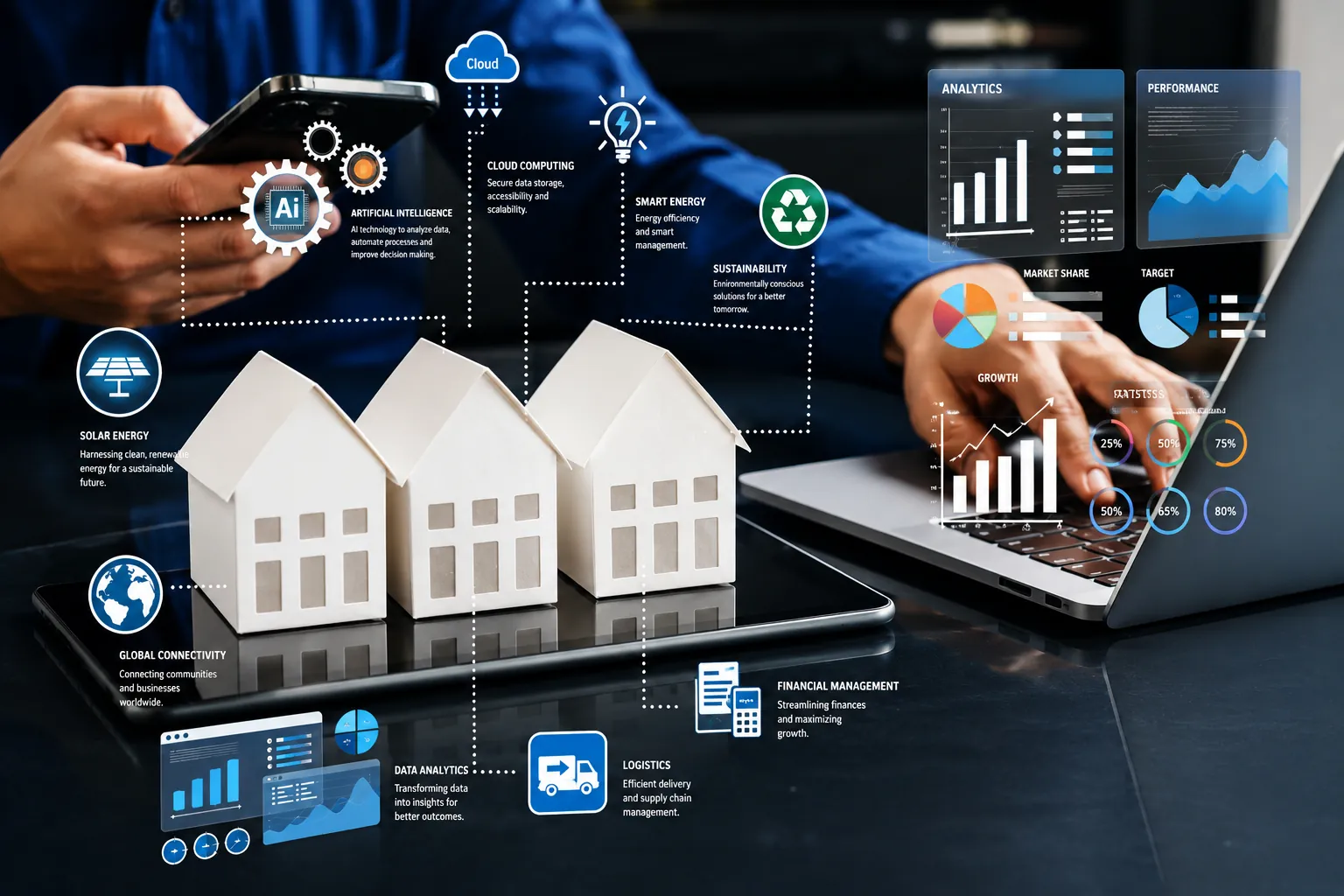 Model houses beside property analytics panels