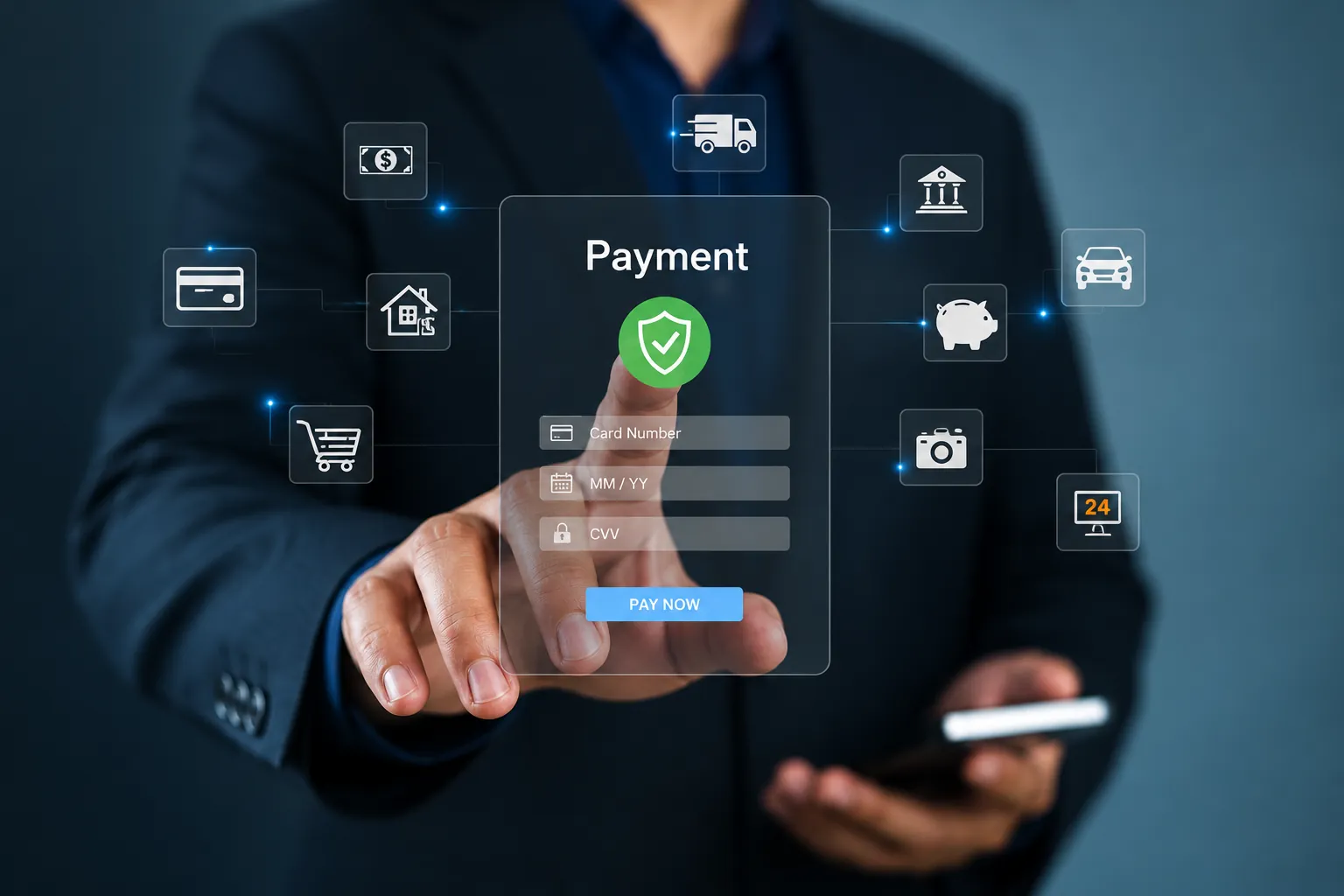 Digital payment form and service icons above a phone