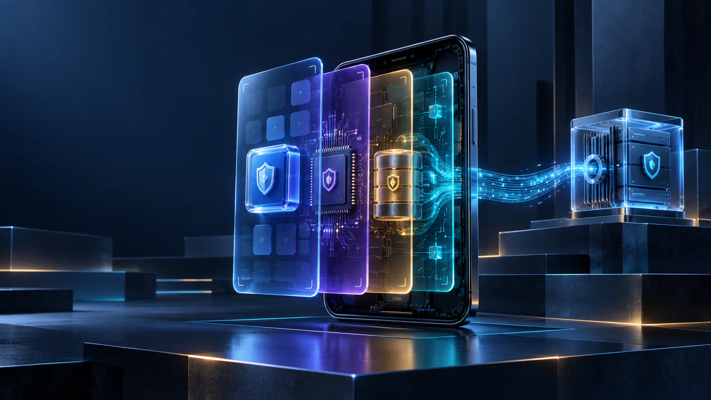 Illustration of mobile application, device storage and network security layers being assessed