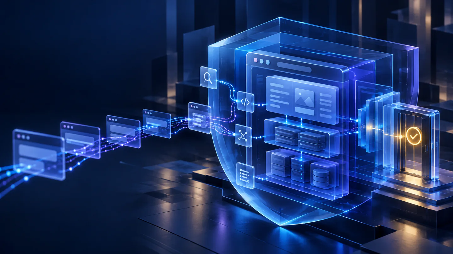 Illustration of a web application boundary being examined across authentication, request and access-control layers